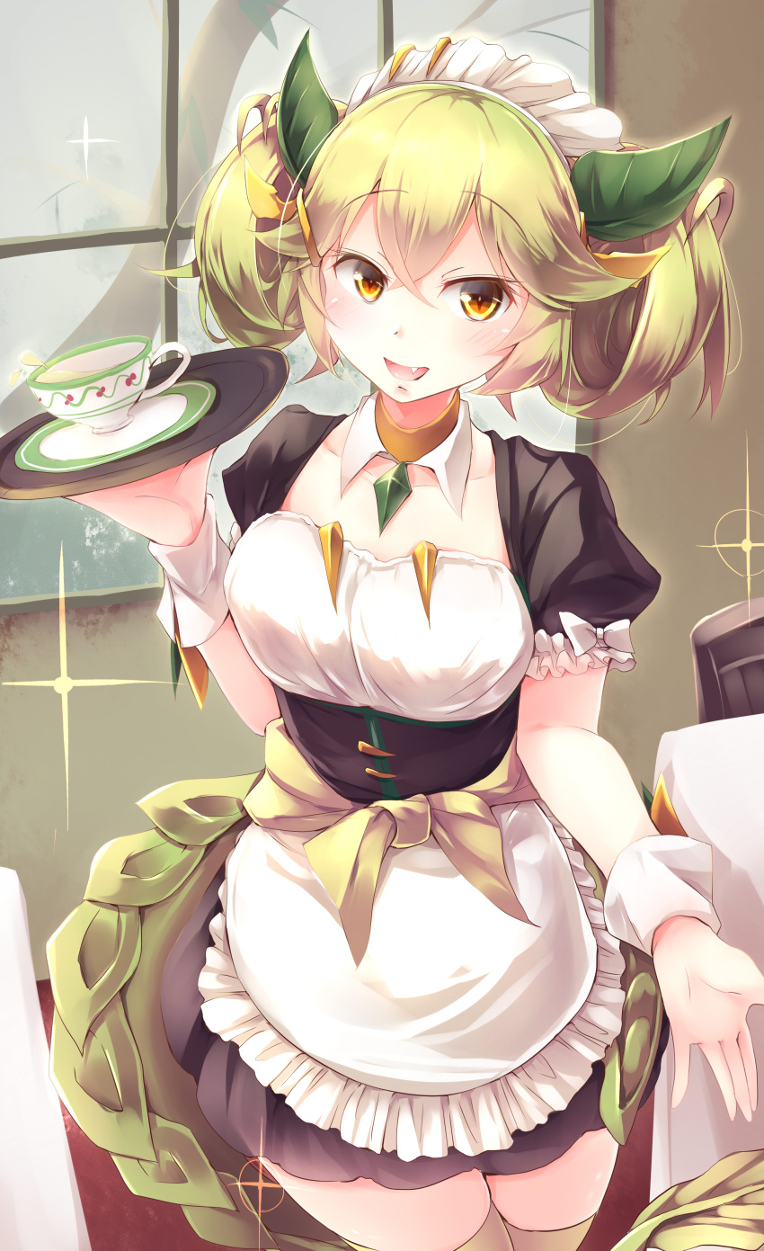 +_+ 1girl absurdres apron blonde_hair blush breasts brown_eyes brown_legwear collarbone cup dragonmaid_parla duel_monster eyebrows_visible_through_hair fang hair_ornament hair_rings highres holding holding_tray kanzakietc leaf_hair_ornament looking_at_viewer maid maid_apron medium_breasts open_mouth plate short_hair short_twintails smile solo teacup thigh-highs tray twintails wrist_cuffs yuu-gi-ou