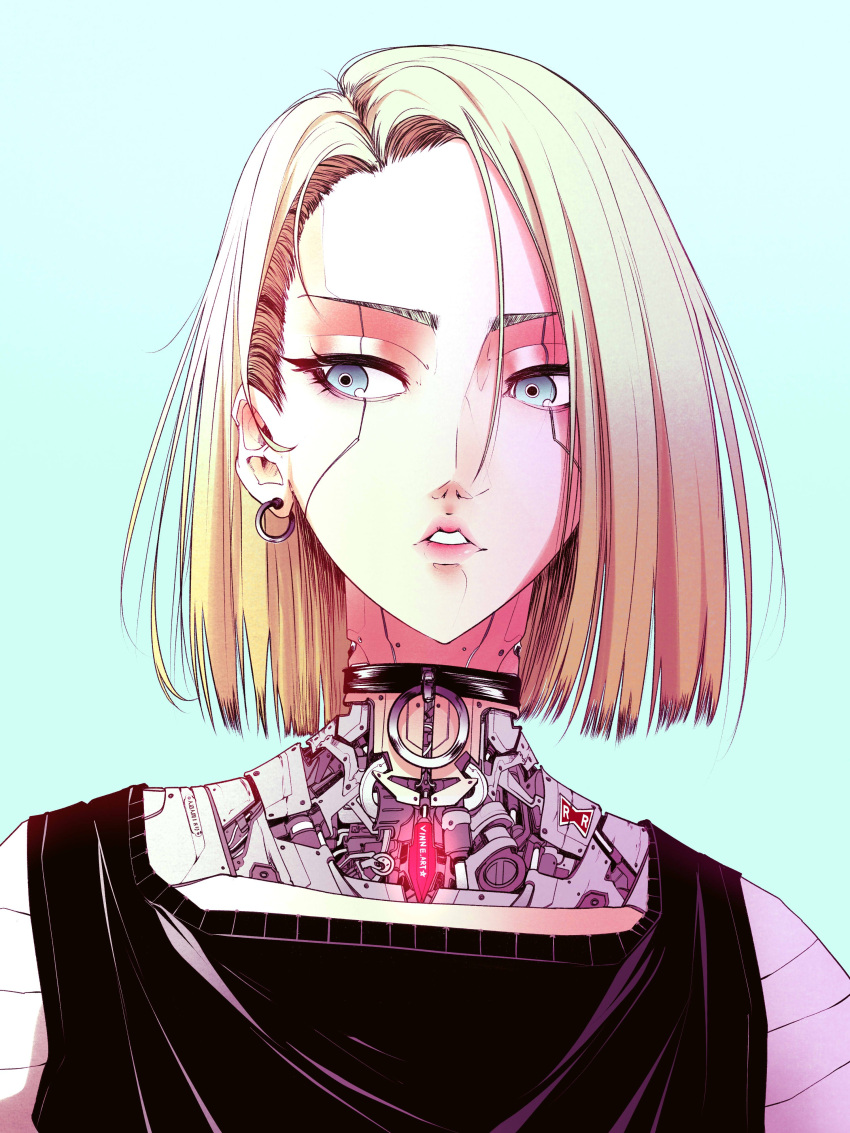 1girl absurdres android android_18 bangs black_shirt blonde_hair blue_background blue_eyes commentary cyborg dragon_ball dragon_ball_z earrings eyelashes hair_between_eyes highres jewelry lips long_sleeves looking_to_the_side mechanical mechanical_parts parted_lips red_ribbon_army robot shirt short_hair simple_background solo upper_body vinneart