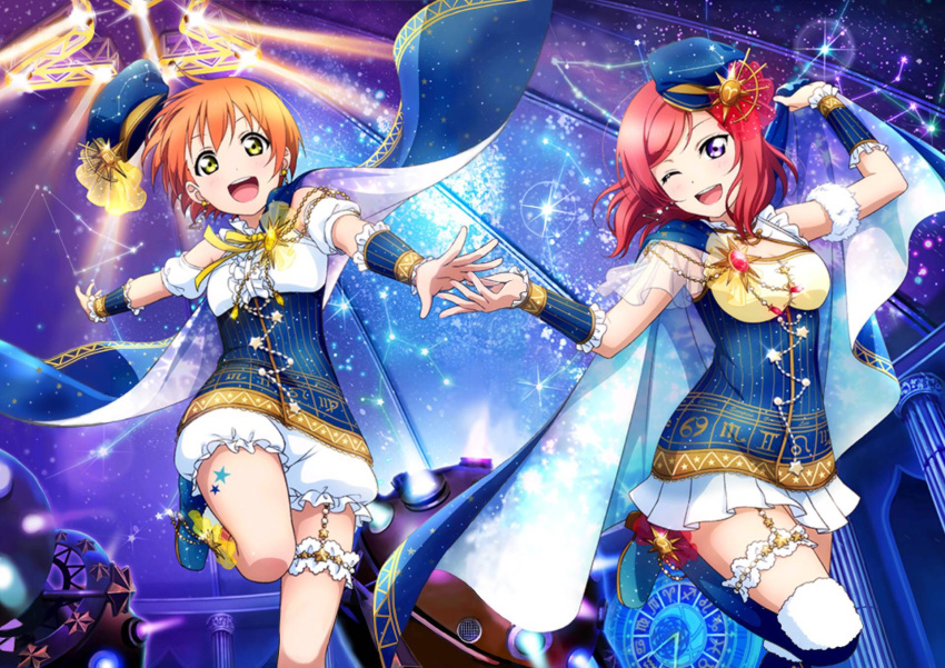 2girls artist_request astronomical_clock cape constellation constellation_costume earrings highres hoshizora_rin idol jewelry leg_garter love_live! love_live!_school_idol_festival love_live!_school_idol_project multiple_girls nishikino_maki official_art one_eye_closed open_mouth planetarium short_hair smile source_request star_(sky) starry_sky_print zodiac