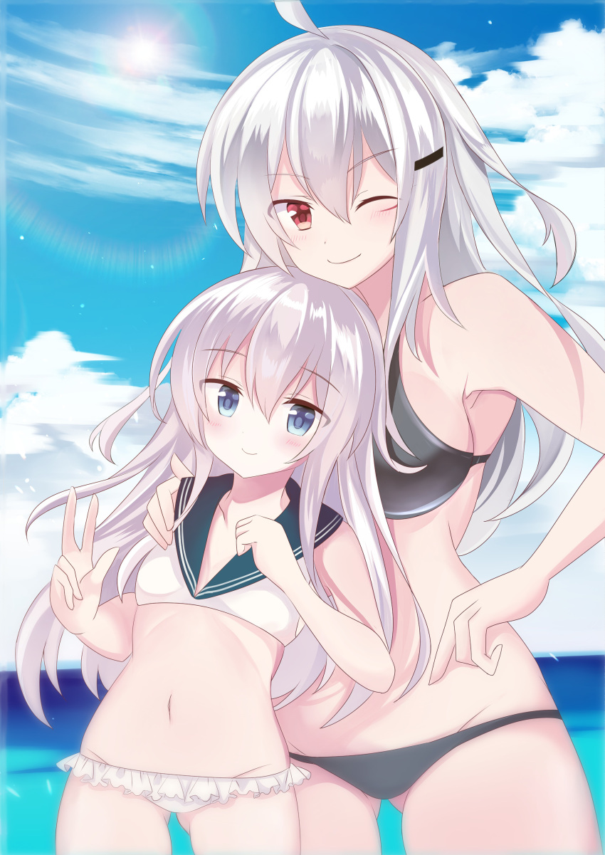 2girls absurdres alternate_costume bikini black_bikini blue_eyes blue_sky blush breasts closed_mouth clouds eyebrows_visible_through_hair facial_scar fathom gangut_(kantai_collection) grey_hair hair_between_eyes hibiki_(kantai_collection) highres huge_filesize kantai_collection large_breasts long_hair multiple_girls navel ocean one_eye_closed red_eyes sailor_bikini sailor_collar scar school_uniform serafuku silver_hair sky small_breasts smile swimsuit thighs