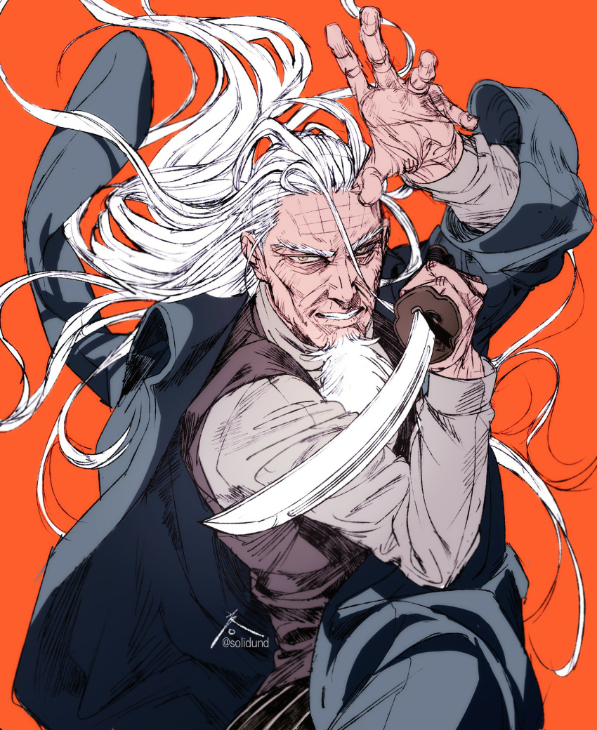 1boy beard check_character facial_hair hand_up highres holding holding_sword holding_weapon long_hair long_sleeves looking_at_viewer male_focus one_piece orange_background silvers_rayleigh simple_background solidund solo sword twitter_username upper_body weapon white_hair yellow_eyes