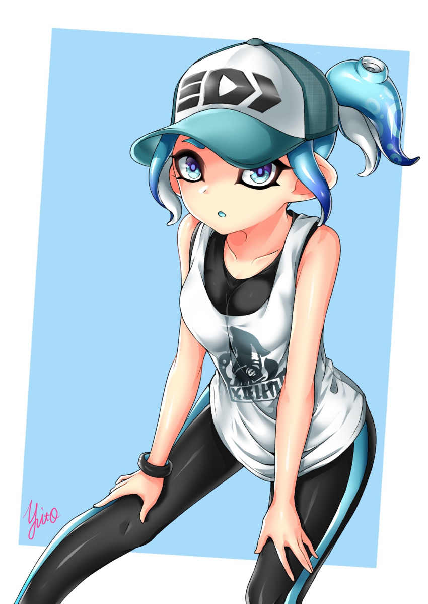 1girl :o artist_name baseball_cap black_legwear black_shirt blue_eyes blue_hairband blue_headwear blue_theme blue_tongue bracelet commentary_request domino_mask dutch_angle fangs hairband hands_on_thighs hat highres inkling_(language) jewelry leaning_forward leggings logo looking_at_viewer makeup mascara mask octoling parted_lips partial_commentary pointy_ears print_hat print_shirt shirt short_ponytail signature single_vertical_stripe solo splatoon_(series) splatoon_2 standing suction_cups tank_top white_shirt yuito_(yuitokobunasbs0)