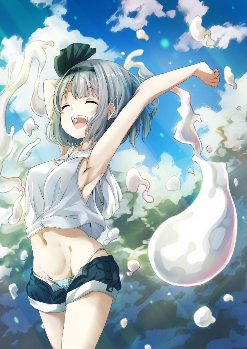 1girl armpits arms_behind_head arms_up bangs bare_arms bare_shoulders black_hairband blue_sky blunt_bangs breasts closed_mouth clouds cloudy_sky collarbone commentary_request cowboy_shot crop_top day eyebrows_visible_through_hair green_shorts hairband happy highres hood hood_down hoodie konpaku_youmu konpaku_youmu_(ghost) looking_at_viewer medium_breasts midriff navel open_fly open_mouth panties pegashi pocket short_shorts shorts sideboob silver_hair sky sleeveless sleeveless_hoodie smile solo standing stomach string_panties striped striped_panties touhou underwear unzipped upper_teeth zipper