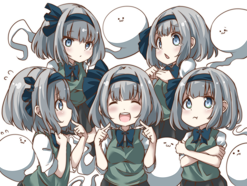 5girls :3 :o black_headband black_neckwear blue_eyes bow bowtie crossed_arms dot_nose expressionless expressions eyebrows_visible_through_hair green_vest hair_bow headband highres konpaku_youmu konpaku_youmu_(ghost) looking_at_viewer multiple_girls multiple_persona open_mouth pegashi pout shirt short_hair short_sleeves smile touhou vest white_background white_hair white_shirt