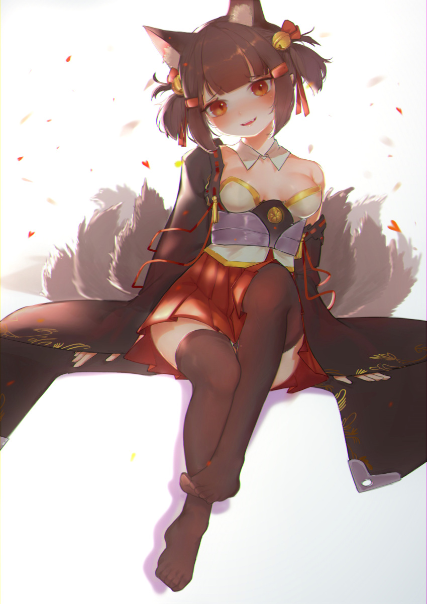 1girl absurdres akagi-chan_(azur_lane) animal_ears azur_lane bangs bell black_legwear blunt_bangs breasts brown_hair chinese_commentary commentary_request detached_collar falling_petals fang fox_ears fox_tail hair_bell hair_ornament hair_ribbon head_tilt highres kyuubi long_sleeves looking_at_viewer multiple_tails mumugui off_shoulder open_mouth pleated_skirt red_eyes red_ribbon red_skirt ribbon sakuramon short_hair short_twintails sidelocks sitting skirt small_breasts smile solo tail thigh-highs twintails wide_sleeves