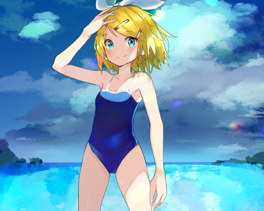 1girl aqua_eyes armpits bare_arms bare_legs bare_shoulders blonde_hair blue_sky blue_swimsuit blush bow clouds collarbone eyebrows_visible_through_hair hair_bow hair_ornament hairclip hand_on_own_head horizon kagamine_rin lens_flare looking_at_viewer note55885 ocean one-piece_swimsuit school_swimsuit short_hair sky smile solo swimsuit upper_body vocaloid