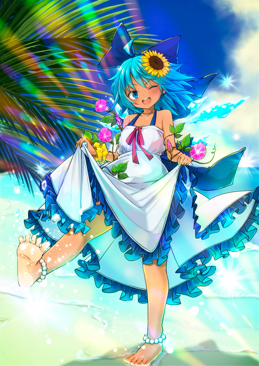 .sin 1girl ;d alternate_costume anklet bare_arms barefoot blue_hair blue_sky blurry bow cirno clouds commentary_request day depth_of_field dress dress_lift eyebrows_visible_through_hair flower food foreshortening frilled_skirt frills fruit hair_between_eyes hair_bow hair_flower hair_ornament halter_dress highres horizon jewelry leg_lift lens_flare lifted_by_self looking_at_viewer morning_glory ocean one_eye_closed open_mouth outdoors palm_leaf peach pearl_anklet plant skirt sky sleeveless sleeveless_dress smile solo sparkle splashing spread_toes standing standing_on_one_leg sunflower_hair_ornament tanned_cirno touhou vines water_drop white_dress wings