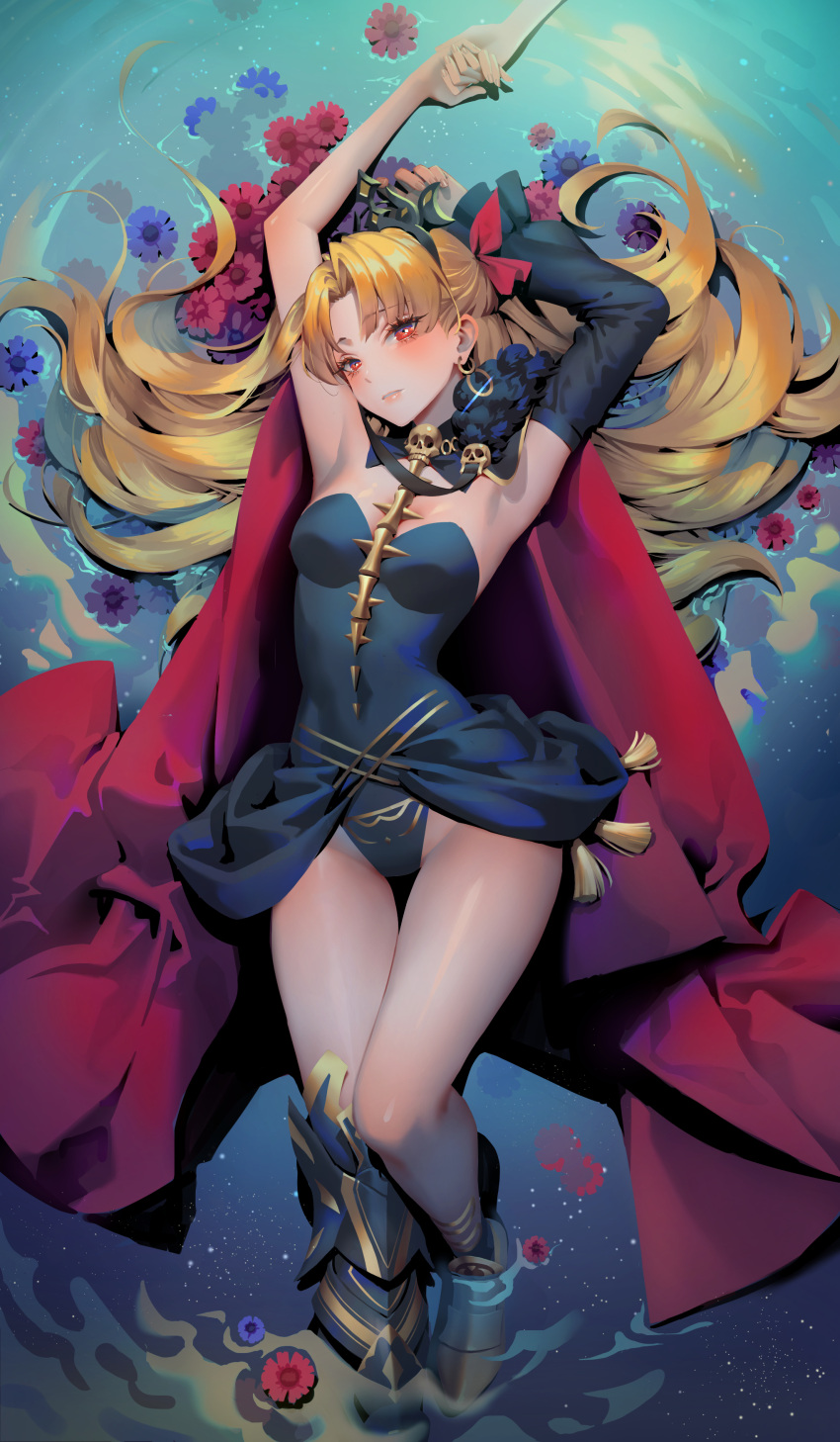 1girl absurdres armored_boots armpits arms_up bangs bare_shoulders black_leotard blonde_hair boots breasts cape detached_sleeves earrings ereshkigal_(fate/grand_order) fate/grand_order fate_(series) floating_hair flower hair_ribbon half_updo highres holding_hands hoop_earrings jewelry karesuki leotard long_hair long_sleeves looking_at_viewer lying medium_breasts on_back parted_bangs parted_lips purple_flower red_eyes red_flower ribbon ripples single_sleeve skull solo thighs very_long_hair water