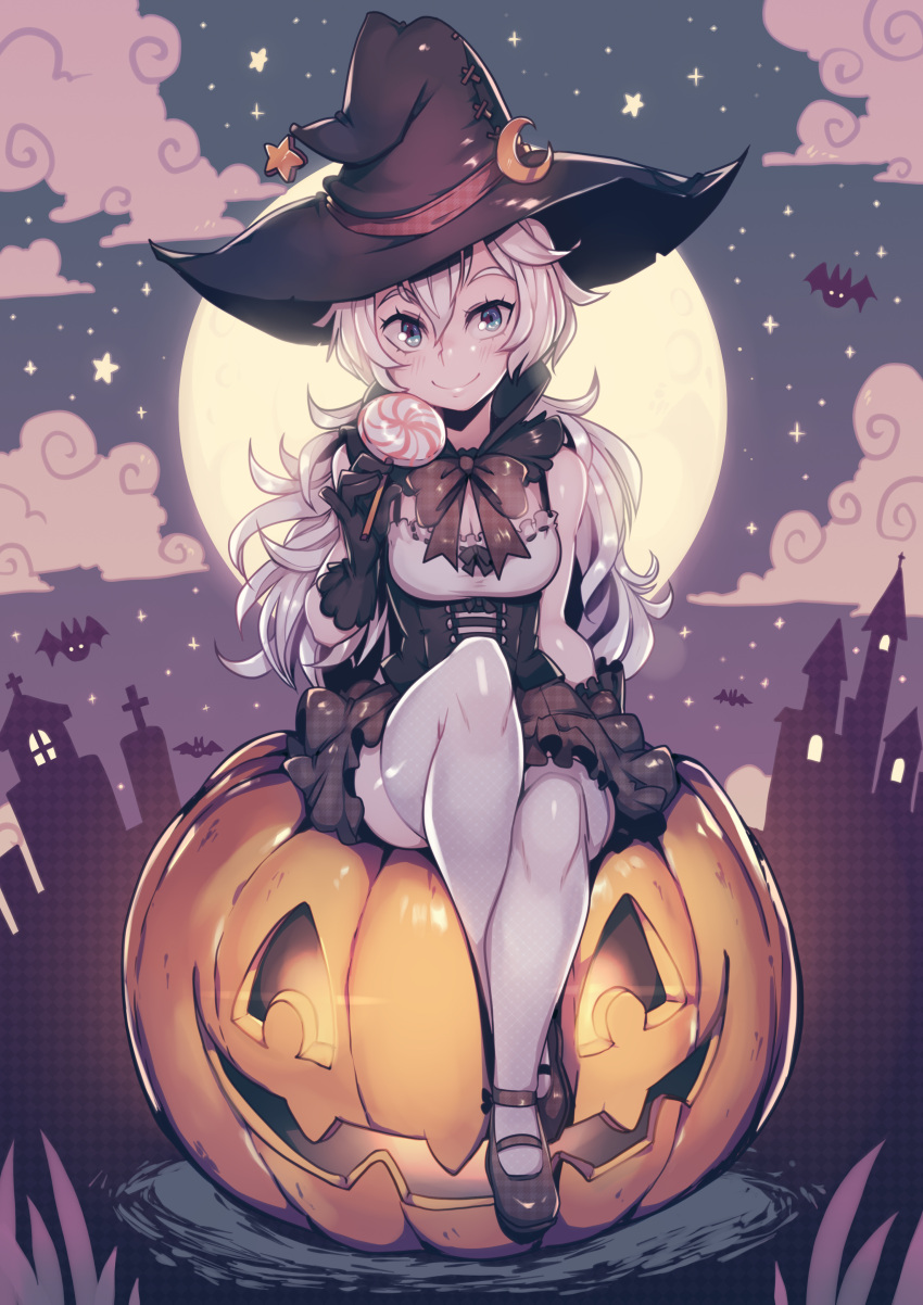 1girl absurdres arie blue_eyes blush breasts dress halloween hat highres lips long_hair outdoors parororo ponytail pumpkin smile solo starline thigh-highs very_long_hair white_hair witch witch_hat