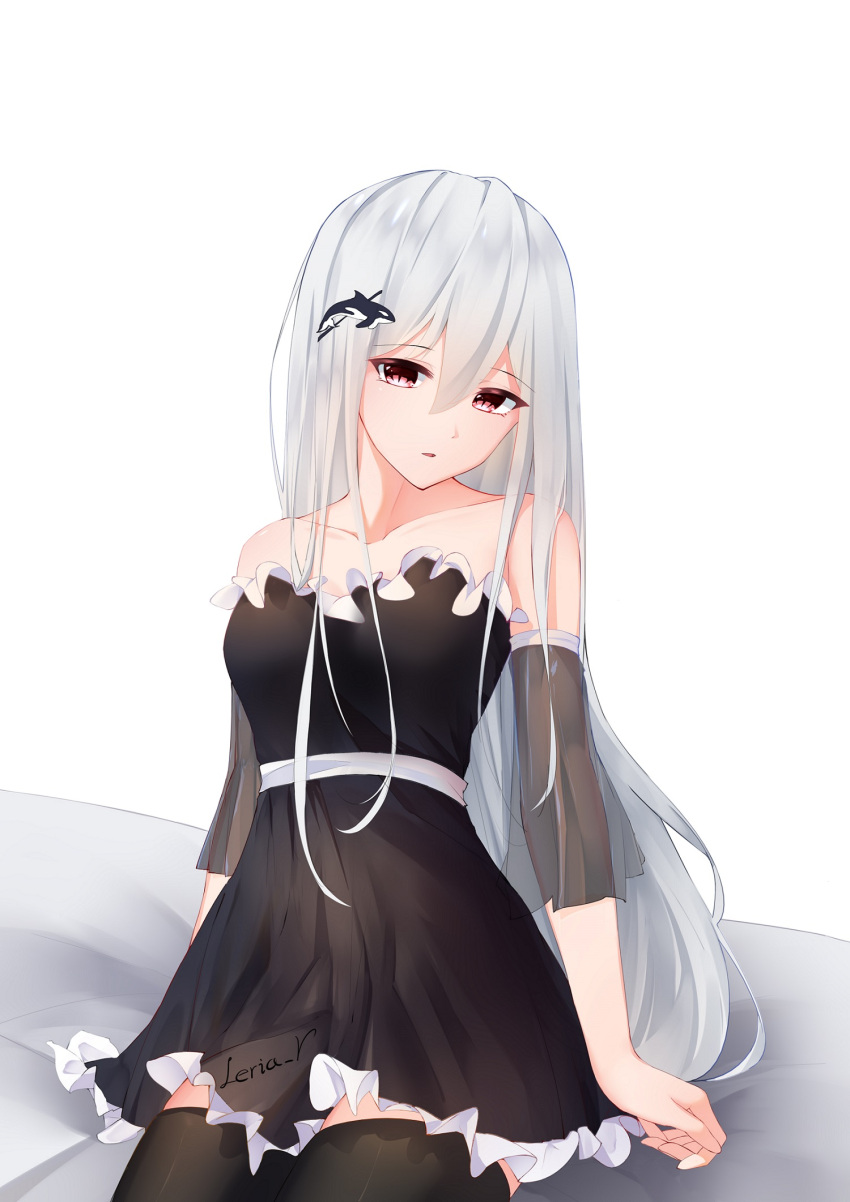 1girl arknights arm_support bare_shoulders belt black_dress black_legwear blurry blush breasts brown_eyes casual depth_of_field detached_sleeves dress expressionless fish frilled_dress frills hair_ornament hairclip head_tilt highres leria_v long_hair looking_at_viewer multicolored_hair on_bed orca parted_lips red_eyes signature silver_hair simple_background sitting skadi sleeveless sleeveless_dress small_breasts solo streaked_hair thigh-highs very_long_hair whale white_background