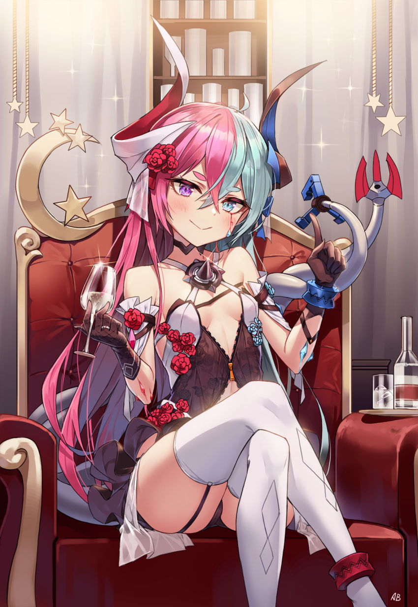 1girl aliceblue anklet armchair bangs blue_eyes blue_hair bottle breasts chair cup dress drinking_glass eyebrows_visible_through_hair feet_out_of_frame flower garter_straps gloves hair_between_eyes hair_flower hair_ornament hair_ribbon head_tilt heterochromia highres holding holding_cup honkai_(series) honkai_impact_3rd horns index_finger_raised jewelry liliya_olyenyey long_hair looking_at_viewer multicolored_hair multiple_tails pink_hair red_flower red_rose ribbon ring rose rozaliya_olyenyey sidelocks sitting small_breasts smile split_theme star tail thick_eyebrows thigh-highs two-tone_hair violet_eyes white_legwear