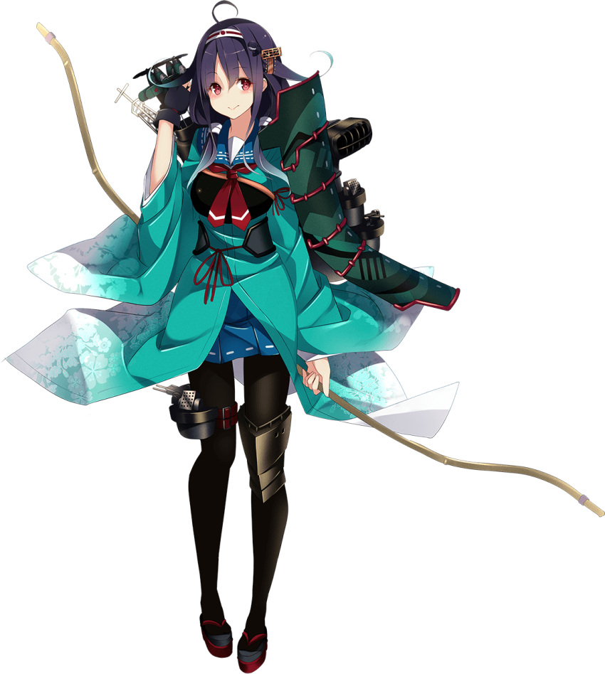 1girl ahoge aircraft airplane arrow black_gloves black_legwear blue_skirt blush bow_(weapon) floral_print full_body gloves hair_flaps hair_ornament hairband highres holding holding_weapon kantai_collection kujou_ichiso long_hair long_sleeves low_twintails machinery muneate official_art pantyhose partly_fingerless_gloves pleated_skirt purple_hair quiver remodel_(kantai_collection) ryuuhou_(kantai_collection) sandals school_uniform serafuku single_glove skirt smile solo standing taigei_(kantai_collection) thigh_strap transparent_background turret twintails weapon whale whale_hair_ornament wide_sleeves yugake