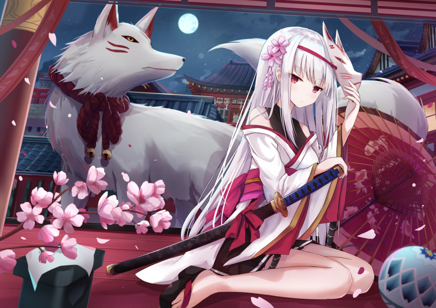 1girl architecture bangs barefoot blunt_bangs building cherry_blossoms east_asian_architecture eyebrows_visible_through_hair flower fox fox_mask full_moon hair_flower hair_ornament highres japanese_clothes kimono long_hair looking_at_viewer mask moon night obi off_shoulder oriental_umbrella original petals red_eyes sandals sash short_kimono sitting skirt solo sword touhourh umbrella wariza weapon white_hair