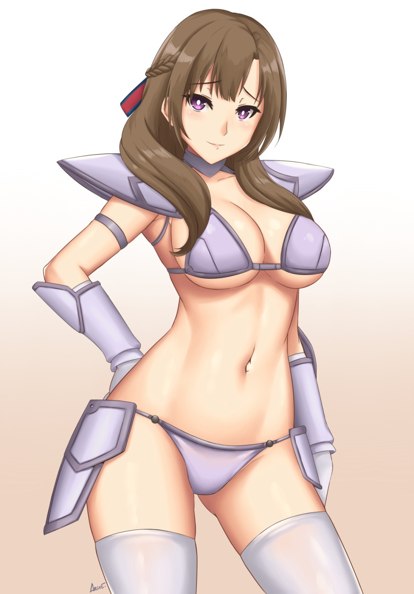 1girl arciealbano arm_guards armor bangs bikini bikini_armor blush braid breasts brown_hair cowboy_shot eyebrows_visible_through_hair french_braid gloves gradient gradient_background groin hand_on_hip highres large_breasts long_hair looking_at_viewer navel oosuki_mamako shoulder_armor sidelocks signature simple_background skindentation smile solo stomach swimsuit thigh-highs tsuujou_kougeki_ga_zentai_kougeki_de_ni-kai_kougeki_no_okaasan_wa_suki_desu_ka? violet_eyes white_legwear