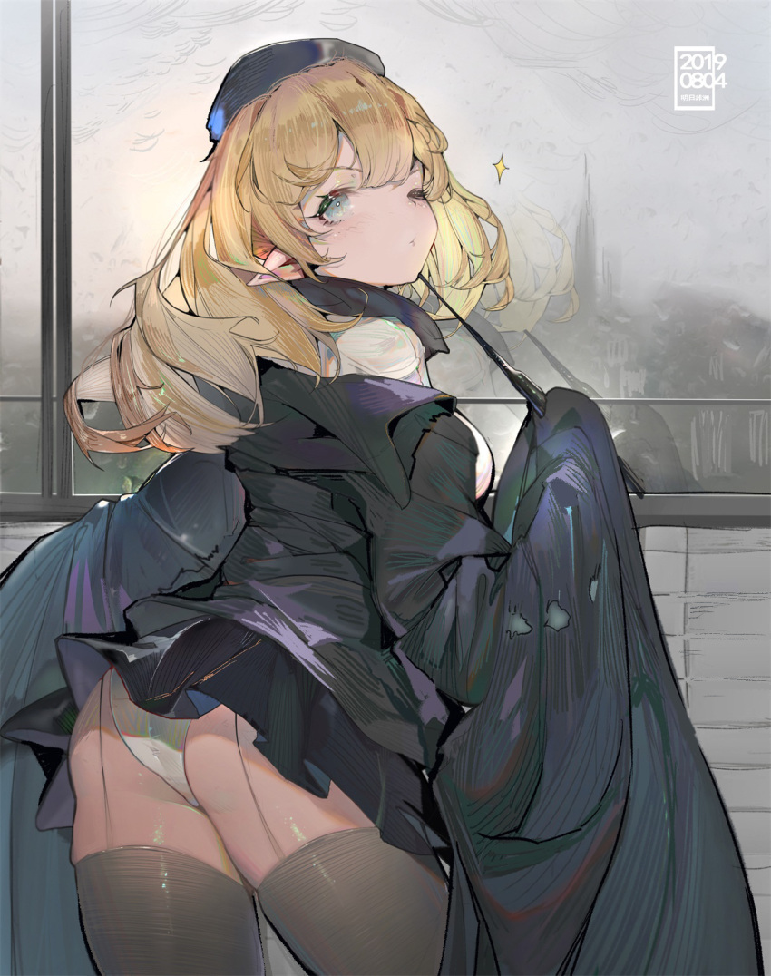 1girl alternate_costume animal_ears arknights ass bangs black_legwear blonde_hair breasts brick_wall cityscape commentary_request cowboy_shot dated day durin_(arknights) grey_sky hair_between_eyes hat highres jacket large_breasts lion_ears long_hair looking_at_viewer miniskirt panties skindentation skirt solo t_lege_d thigh-highs underwear white_panties window yellow_eyes