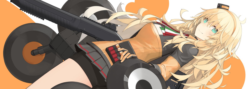 absurdres bike_shorts blonde_hair blue_eyes dutch_angle girls_frontline gun hairband highres jacket long_hair messy_hair mikoto_(oi_plus) miniskirt necktie orange_jacket s.a.t.8_(girls_frontline) shield shotgun skirt weapon