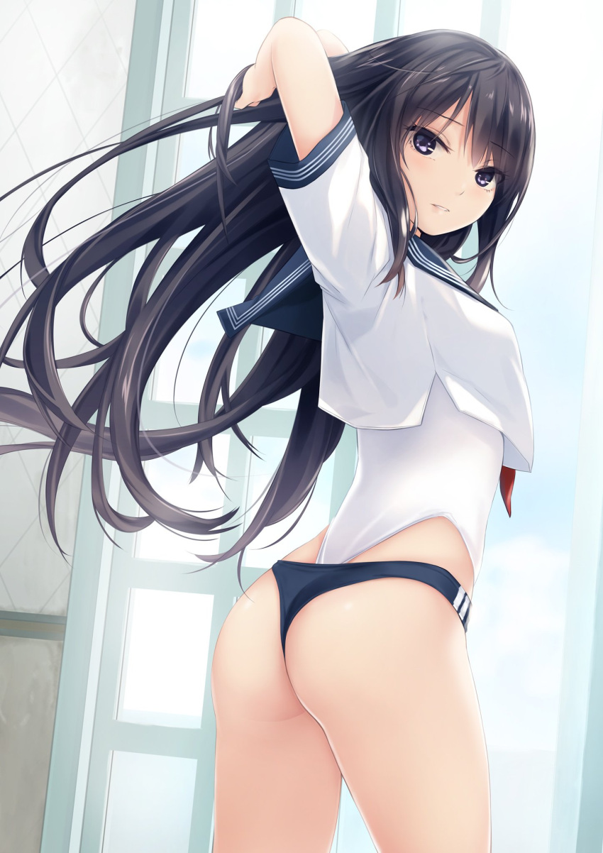 1girl arms_behind_back arms_up ass asymmetrical_bangs back bangs black_eyes black_hair blue_buruma buruma coffee-kizoku eyebrows_visible_through_hair floating_hair highleg highleg_swimsuit highres lips long_hair looking_back neckerchief one-piece_swimsuit original parted_lips sailor_collar school_swimsuit school_uniform serafuku short_sleeves solo swimsuit swimsuit_under_clothes thighs white_swimsuit