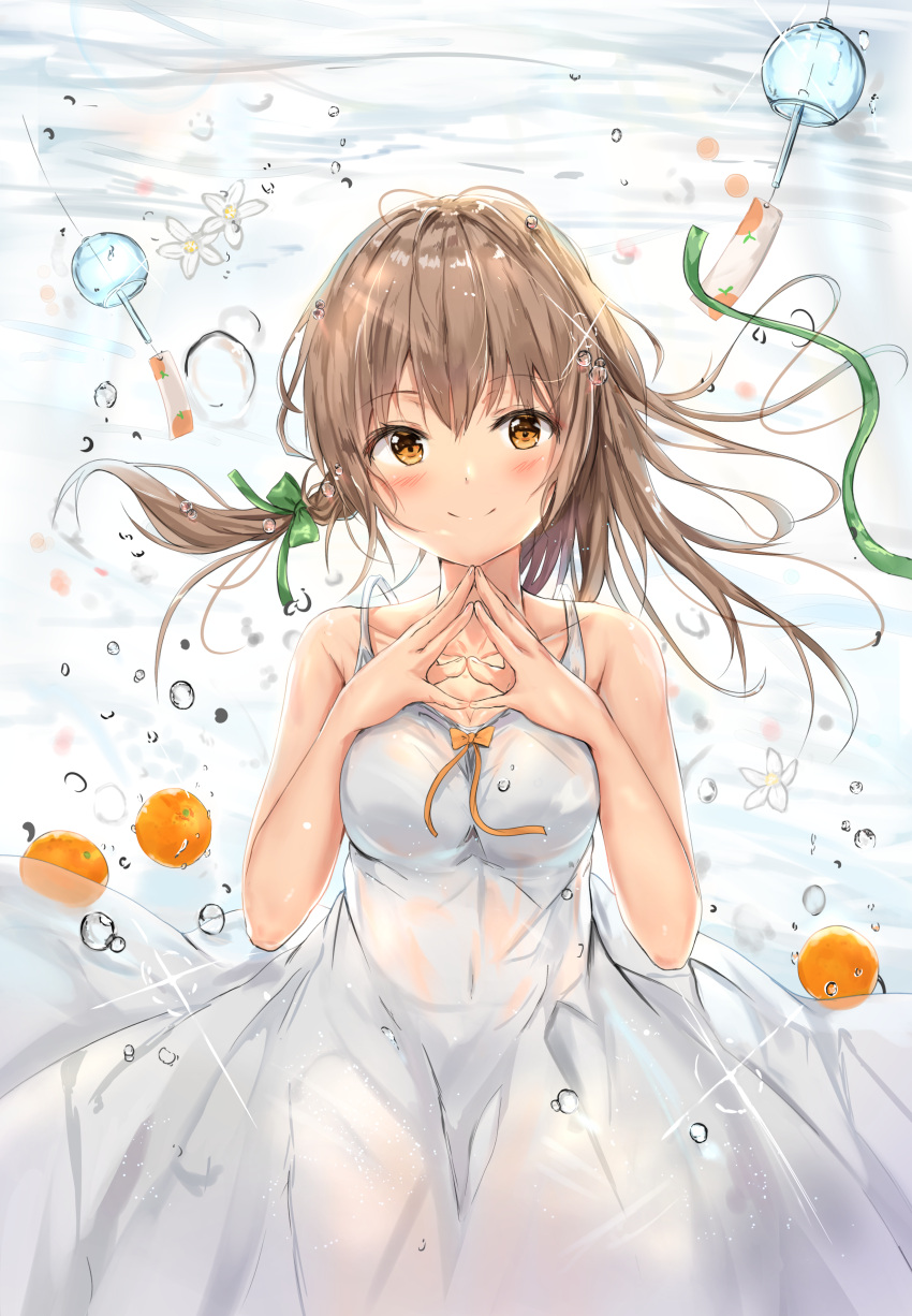 1girl absurdres bare_shoulders blush breasts brown_eyes commentary_request dress eyebrows_visible_through_hair highres light_brown_hair looking_at_viewer medium_breasts na_kyo original smile solo underwater white_dress