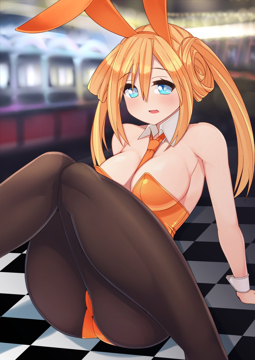 1girl absurdres alternate_costume animal_ears bare_shoulders blue_eyes blush breasts checkered checkered_floor commentary_request detached_collar dura highres knees_together_feet_apart knees_up leotard long_hair looking_at_viewer medium_breasts necktie neptune_(series) open_mouth orange_hair orange_heart orange_leotard orange_neckwear pantyhose power_symbol rabbit_ears shin_jigen_game_neptune_vii solo symbol-shaped_pupils twintails wrist_cuffs