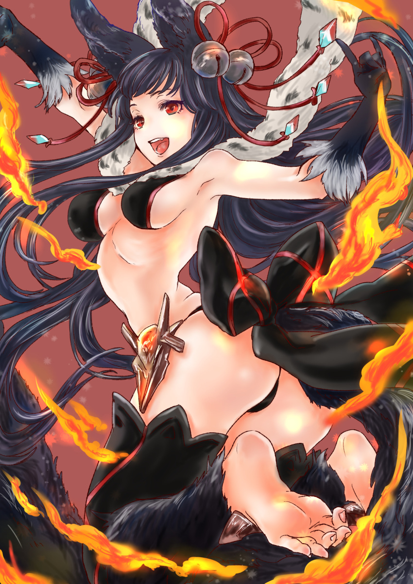 1girl animal_ears armpits ass barefoot bell bikini black_bikini black_gloves black_hair black_legwear breasts erune fire fox_ears fox_shadow_puppet fox_tail fur fur_trim gloves granblue_fantasy hair_ribbon highres long_hair medium_breasts midriff miwayama open_mouth red_background red_eyes ribbon sideboob simple_background soles solo swimsuit tail thigh-highs yuel_(granblue_fantasy)
