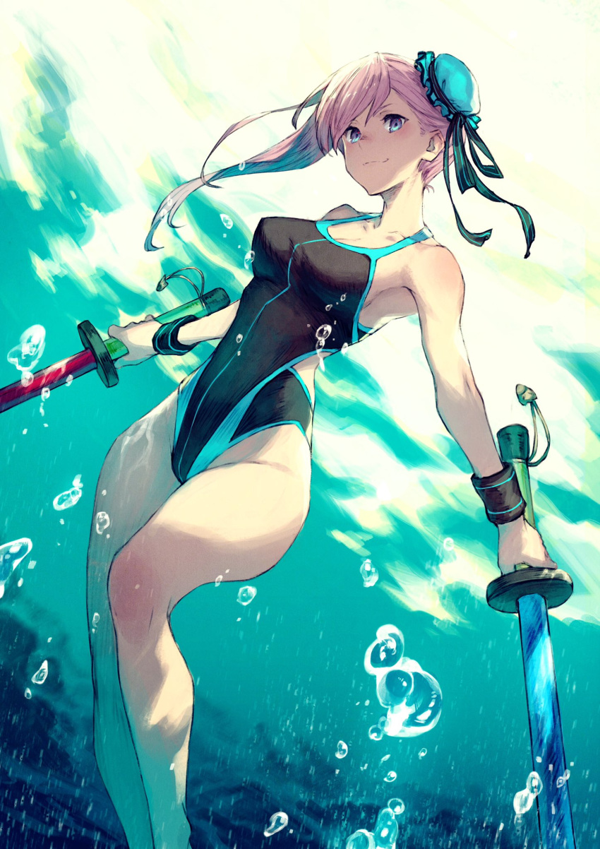 1girl bubble bun_cover fate/grand_order fate_(series) floating_hair hair_bun highres kusano_shinta miyamoto_musashi_(fate/grand_order) one-piece_swimsuit pink_hair solo swimsuit toy_sword underwater violet_eyes wristband