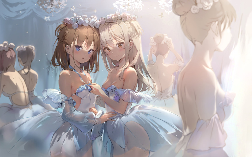 6+girls :o anmi ballerina ballet bangs bare_shoulders black_hair blue_eyes blush breasts brown_eyes brown_hair cowboy_shot detached_sleeves eyebrows_visible_through_hair flower hair_bun hair_flower hair_ornament highres leotard light_brown_hair long_hair looking_at_viewer medium_breasts multiple_girls open_mouth original ponytail see-through sidelocks small_breasts smile standing tutu two_side_up