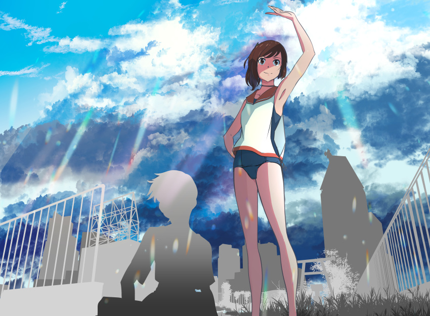 1boy absurdres arm_up armpits brown_eyes brown_hair choker clouds commentary_request hand_on_hip highres huge_filesize i-401_(kantai_collection) kantai_collection legs long_hair look-alike one-piece_swimsuit outdoors parody ponytail school_swimsuit shading_eyes shirt sitting sky sleeveless sleeveless_shirt smile swimsuit swimsuit_under_clothes tenki_no_ko white_shirt