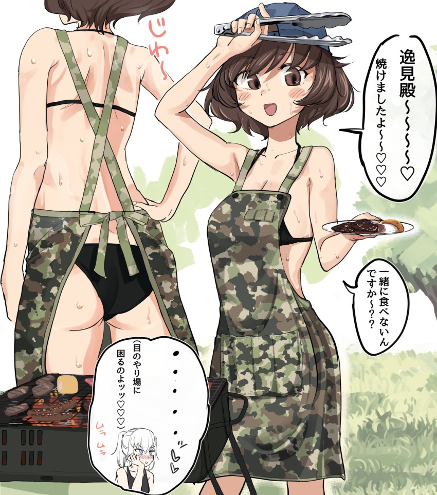 2girls akiyama_yukari apron bangs bikini blue_eyes blush brown_eyes brown_hair food girls_und_panzer grass grill grilling hat highres itsumi_erika messy_hair multiple_girls plate ponytail short_hair silver_hair sweat swimsuit toku_(yhpv8752) tongs translation_request