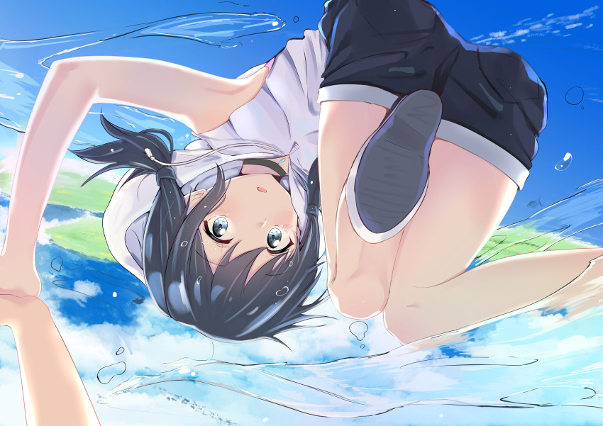 1girl absurdres amano_hina_(tenki_no_ko) bangs bare_arms bare_shoulders black_choker black_hair black_shorts blue_eyes blue_sky blush cac_itinose choker clouds commentary_request day drawstring eyebrows_visible_through_hair highres hood hood_down hoodie long_hair looking_at_viewer low_twintails outdoors parted_lips shoe_soles shoes short_shorts shorts sky sleeveless sleeveless_hoodie solo_focus tears tenki_no_ko twintails water white_footwear white_hoodie