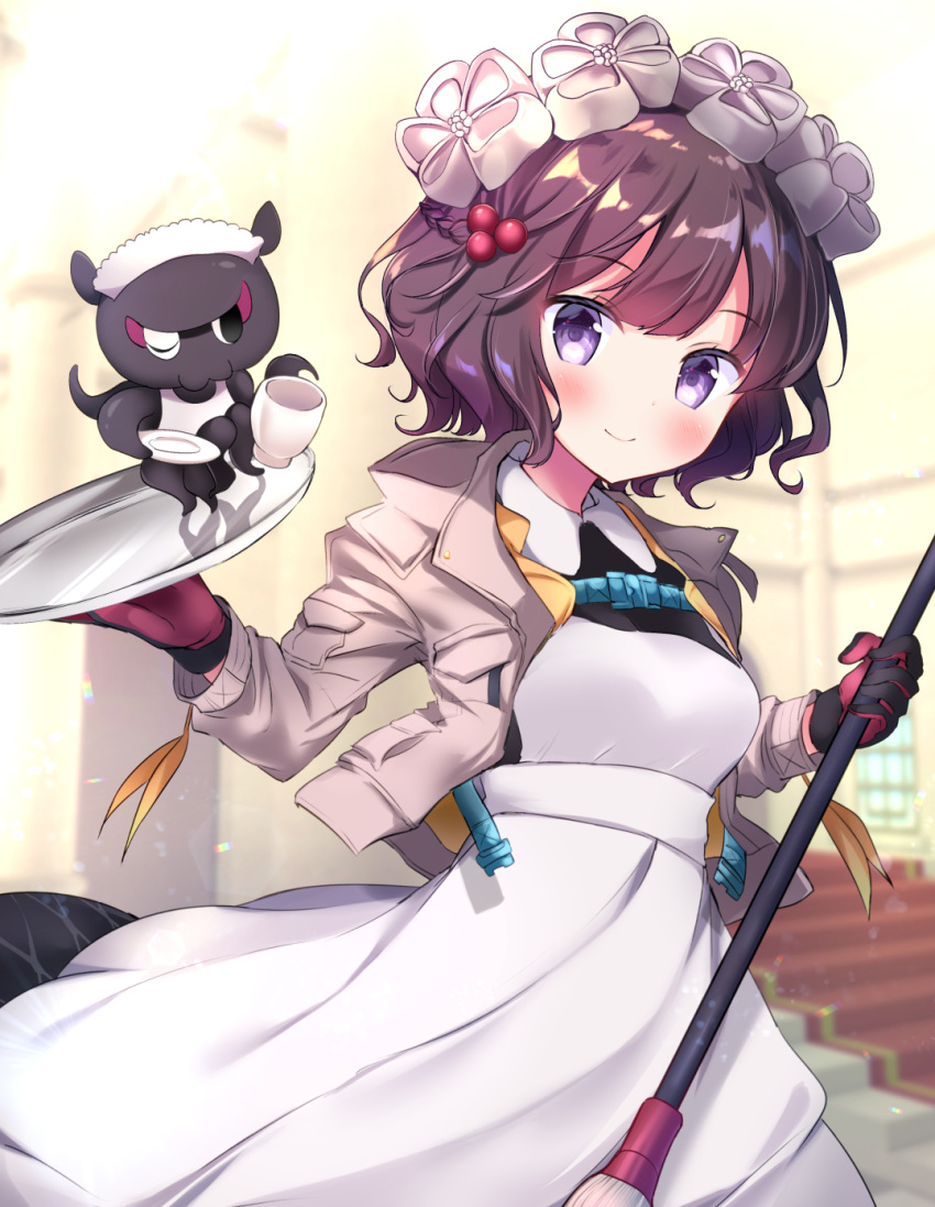 1girl alternate_costume apron bangs black_dress black_gloves blush breasts closed_mouth cup dress enmaided fate/grand_order fate_(series) frills gloves grey_jacket heroic_spirit_chaldea_park_outfit highres jacket katsushika_hokusai_(fate/grand_order) long_sleeves looking_at_viewer maid maid_headdress masayo_(gin_no_ame) medium_breasts mop octopus open_clothes open_jacket purple_hair saucer short_hair smile swept_bangs teacup tokitarou_(fate/grand_order) tray violet_eyes