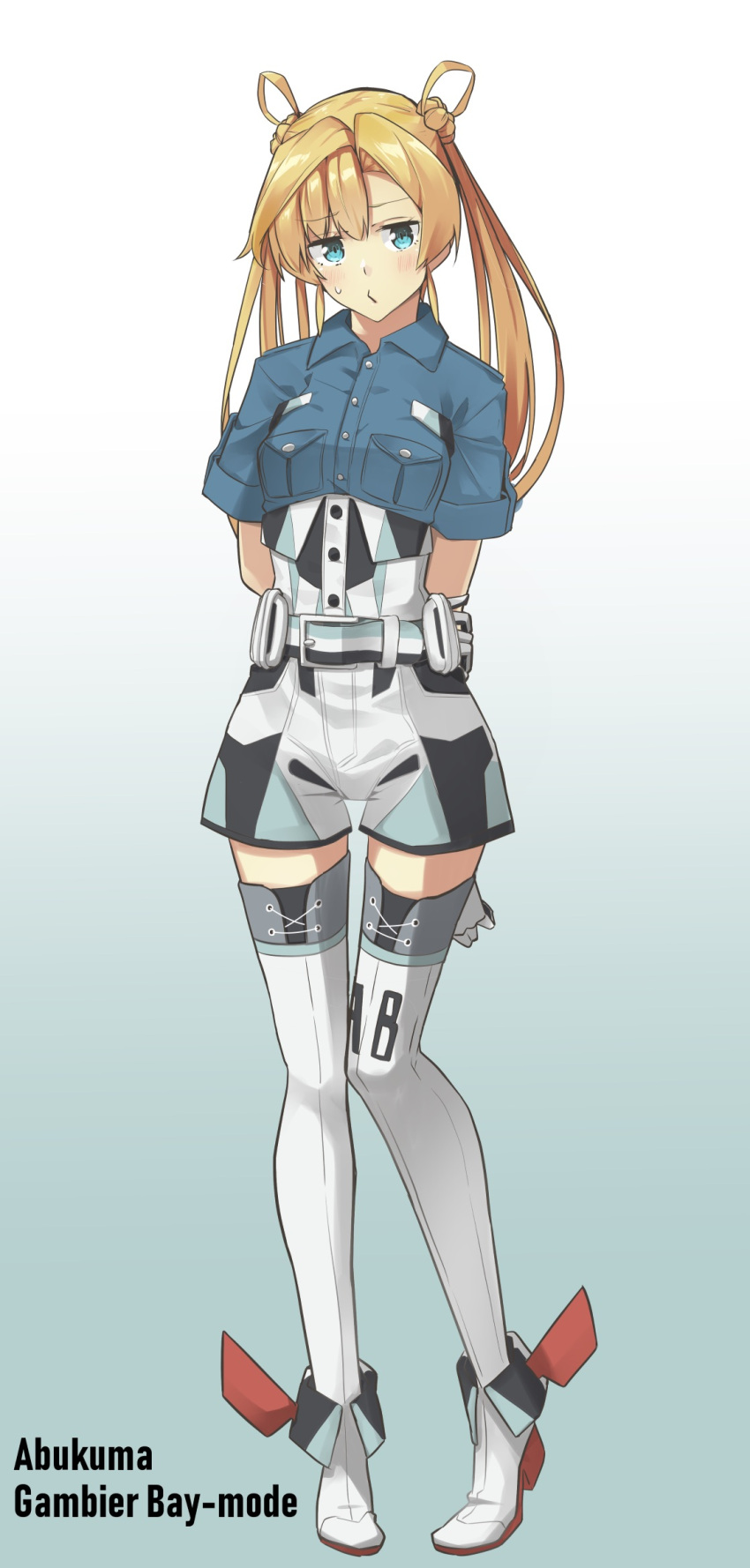 1girl abukuma_(kantai_collection) arms_behind_back bangs blonde_hair blue_background blue_eyes blue_shirt blush breast_pocket breasts character_name collared_shirt commentary_request cosplay double_bun eyebrows_visible_through_hair full_body gambier_bay_(kantai_collection) gambier_bay_(kantai_collection)_(cosplay) gloves gradient gradient_background hair_rings highres kantai_collection long_hair looking_at_viewer multicolored multicolored_clothes negahami o3o pocket shirt short_sleeves solo standing thigh-highs twintails white_background white_gloves white_legwear