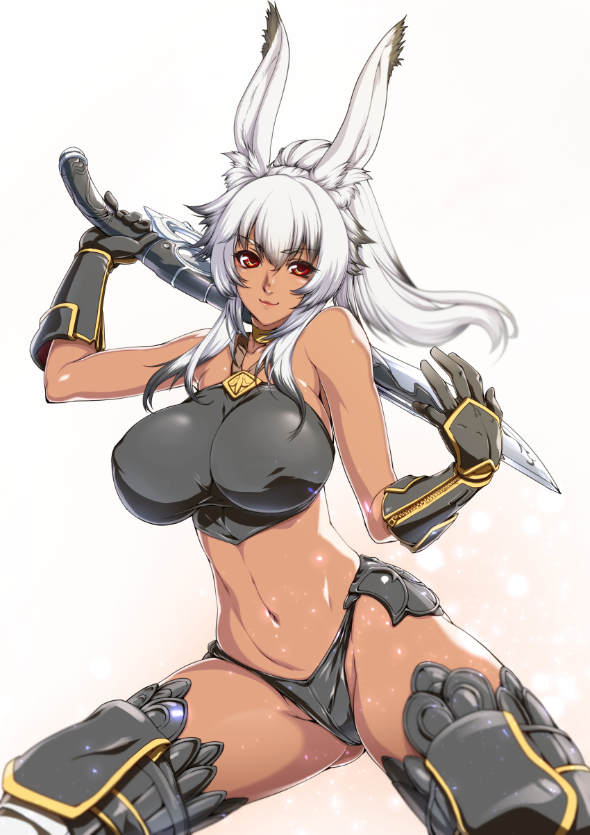1girl animal_ears bare_shoulders black_gloves breasts covered_nipples dark_skin ebido final_fantasy final_fantasy_xiv gloves gun hair_between_eyes highres holding holding_gun holding_weapon large_breasts long_hair looking_at_viewer midriff navel ponytail rabbit_ears red_eyes silver_hair smile solo thigh-highs viera weapon