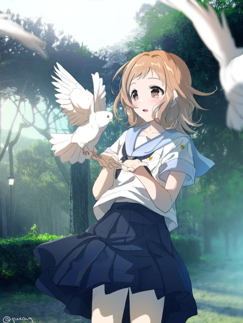 1girl :d animal backlighting bangs bird black_neckwear blue_sailor_collar blue_skirt blurry_foreground blush brown_eyes collarbone commentary_request curcumin day hands_up highres idolmaster idolmaster_shiny_colors lamppost light_brown_hair long_hair looking_away neckerchief open_mouth outdoors pleated_skirt sailor_collar sakuragi_mano school_uniform serafuku shirt short_sleeves skirt smile solo tree twitter_username white_shirt