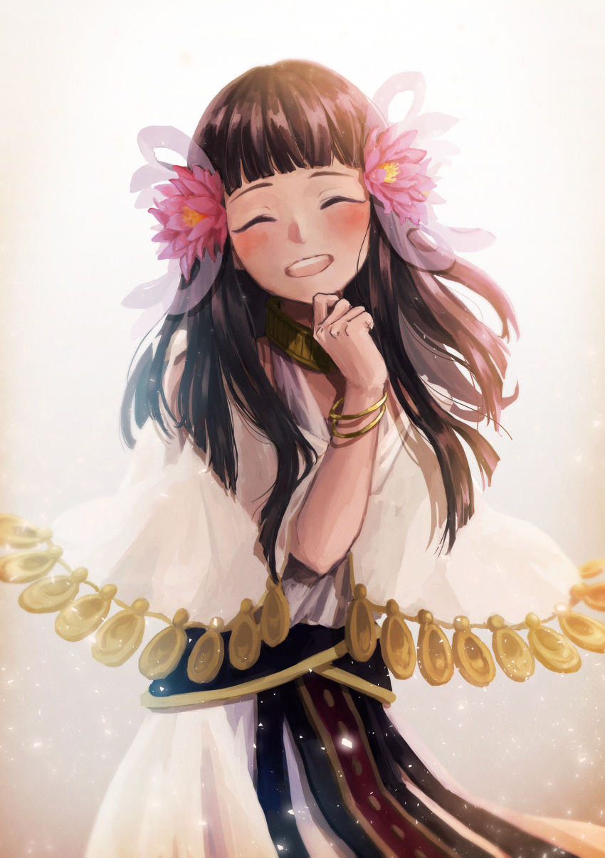 1girl ^_^ absurdres bangs blunt_bangs blush bracelet brown_hair closed_eyes coin cowboy_shot dark_skin dress egyptian_clothes facing_viewer fate/prototype fate_(series) flower hair_flower hair_ornament happy highres jewelry long_hair lotus necklace nefertari_(fate/prototype_fragments) pink_flower poncho robe sash see-through simple_background sknsknss smile solo
