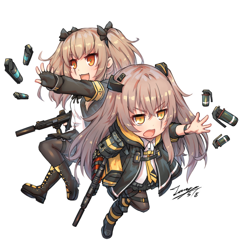 2girls :d armband bangs black_bow black_footwear black_gloves black_jacket black_skirt boots bow brown_eyes brown_hair brown_legwear chibi collared_shirt commentary dated dress_shirt explosive eyebrows_visible_through_hair fingerless_gloves girls_frontline gloves grenade gun h&amp;k_ump45 h&amp;k_ump9 hair_between_eyes hair_ornament holding holding_gun holding_weapon hood hood_down hooded_jacket jacket long_hair looking_away multiple_girls necktie object_namesake one_side_up open_clothes open_jacket open_mouth outstretched_arm pantyhose pleated_skirt scar scar_across_eye shirt short_sleeves signature skirt smile tama_yu twintails ump45_(girls_frontline) ump9_(girls_frontline) v-shaped_eyebrows very_long_hair weapon white_shirt yellow_eyes yellow_neckwear