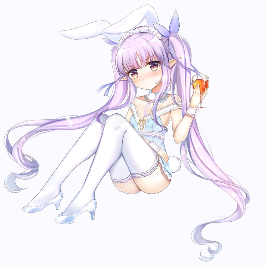 1girl animal_ears bangs bare_shoulders blue_background blue_dress blue_footwear blue_ribbon blush breasts brown_eyes bunny_girl bunny_tail closed_mouth collarbone commentary_request cup cupping_glass dress drinking_glass eyebrows_visible_through_hair hair_ribbon high_heels highres hikawa_kyoka holding holding_cup kemonomimi_mode knees_up looking_at_viewer lydia601304 maid_headdress nose_blush pointy_ears princess_connect! princess_connect!_re:dive purple_hair rabbit_ears ribbon shoes short_dress simple_background sitting small_breasts solo tail thigh-highs twintails white_legwear wrist_cuffs