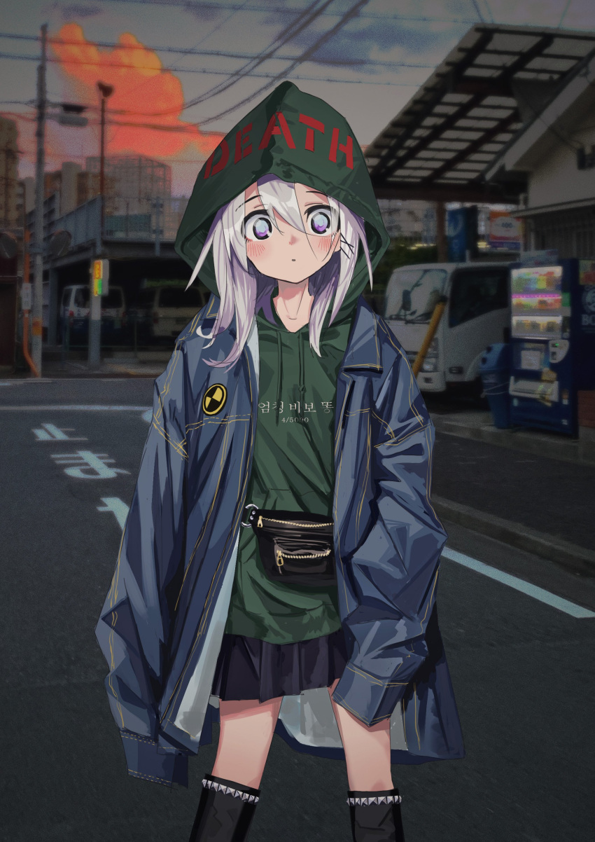 1girl absurdres bag black_footwear boots handbag highres hood hoodie jacket knee_boots long_hair looking_at_viewer miniskirt nadegata original photo_background pleated_skirt silver_hair skirt sleeves_past_fingers sleeves_past_wrists solo violet_eyes