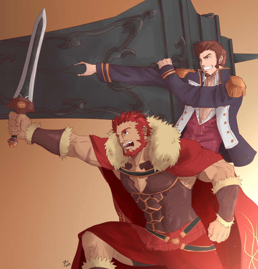 2boys abeberries absurdres bara beard blue_eyes brown_hair cape chest epaulettes facial_hair fate/grand_order fate_(series) highres leather long_sleeves male_focus military military_uniform multiple_boys muscle napoleon_bonaparte_(fate/grand_order) pectorals redhead rider_(fate/zero) scar simple_background smile uniform