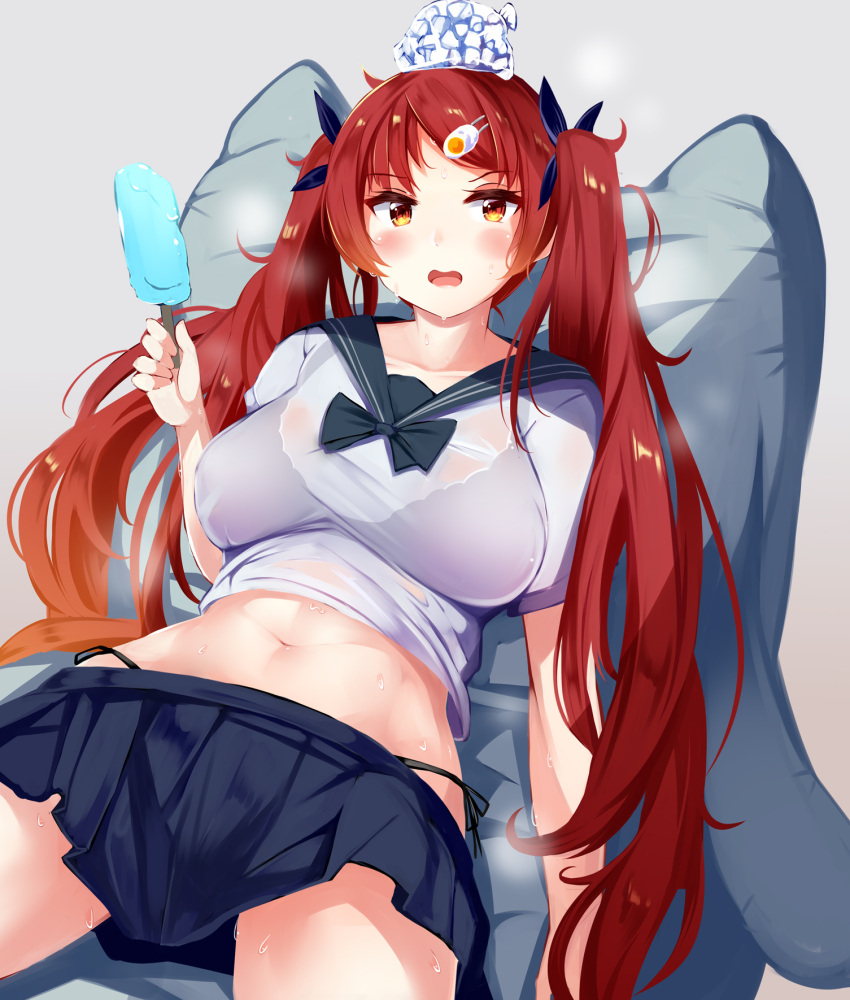 1girl azur_lane bangs black_bra black_panties black_ribbon blue_skirt bra breasts egg_hair_ornament food food_themed_hair_ornament grey_background hair_ornament hair_ribbon highres holding holding_food honolulu_(azur_lane) hot ice ice_cube irohasu large_breasts long_hair looking_at_viewer lying midriff navel on_back panties pillow pleated_skirt popsicle redhead revision ribbon sailor_collar school_uniform see-through side-tie_panties sidelocks simple_background skirt solo sweat twintails underwear very_long_hair wet wet_clothes yellow_eyes