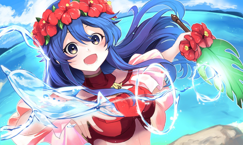 1girl bikini blue_eyes blue_hair blush breasts cute fire_emblem fire_emblem:_fuuin_no_tsurugi fire_emblem:_the_binding_blade fire_emblem_heroes fire_emblem_sword_of_seals flower flower_crown headband highres intelligent_systems lilina lilina_(fire_emblem) long_hair looking_at_viewer lower_teeth moe nakabayashi_zun navel nintendo open_mouth simple_background solo super_smash_bros. swimsuit water