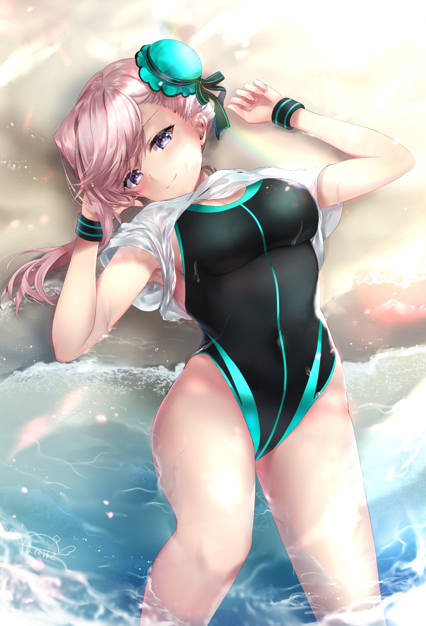 1girl breasts commentary_request competition_swimsuit double_bun fate/grand_order fate_(series) feet_out_of_frame hane_yuki highres large_breasts lying miyamoto_musashi_(fate/grand_order) on_back one-piece_swimsuit partially_submerged pink_hair solo swimsuit violet_eyes