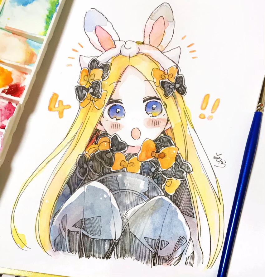 !! 1girl :o abigail_williams_(fate/grand_order) animal_ears bangs black_bow black_dress black_headwear blonde_hair blue_eyes blush_stickers bow commentary_request cropped_torso dress eyebrows_visible_through_hair fake_animal_ears fate/grand_order fate_(series) forehead hair_bow hands_up hat hat_removed headwear_removed highres holding holding_hat long_hair long_sleeves open_mouth orange_bow parted_bangs photo rabbit_ears signature sleeves_past_fingers sleeves_past_wrists sofra solo traditional_media upper_body very_long_hair