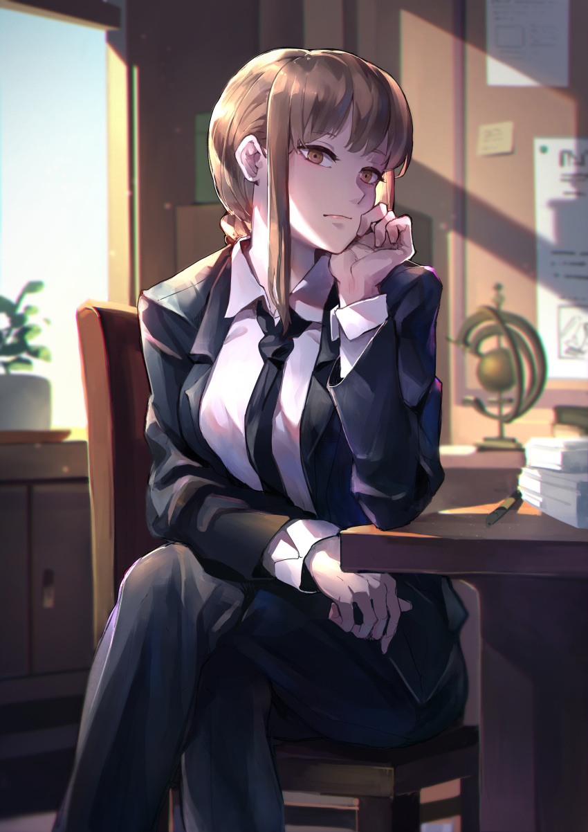 1girl absurdres black_neckwear black_suit braid brown_eyes brown_hair chainsaw_man chair crossed_legs formal highres indoors long_hair makima_(chainsaw_man) mr.lime paper pen sidelocks sitting solo suit table window