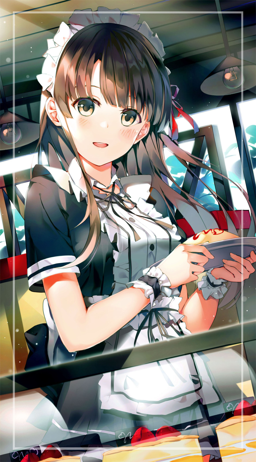 1girl :d absurdres apron bangs black_dress blush breasts brown_eyes brown_hair cake ceiling_light center_frills dress dutch_angle eyebrows_behind_hair food frills heart highres holding holding_plate indoors long_hair looking_at_viewer maid maid_headdress medium_breasts niii_(memstapak) omurice open_mouth original plate short_sleeves slice_of_cake smile solo very_long_hair waist_apron white_apron