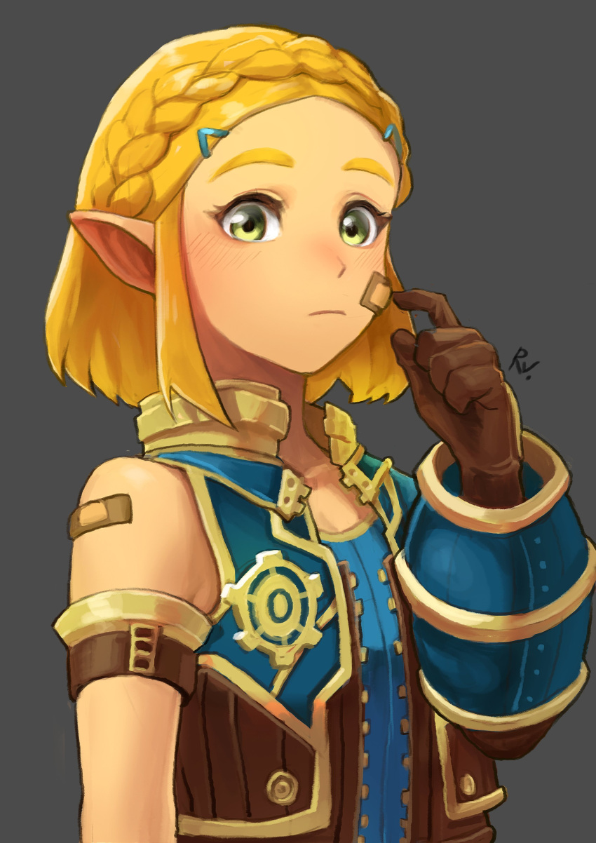1girl absurdres armlet bandaid bandaid_on_face bandaid_on_shoulder bare_shoulders black_background blonde_hair blue_vest blush braid brown_gloves closed_mouth cosplay crown_braid forehead gloves green_eyes hair_ornament hairclip highres looking_at_viewer open_clothes open_vest pointy_ears princess_zelda rex_(xenoblade_2) rex_(xenoblade_2)_(cosplay) rv_(gvdn7245) scratching_cheek sidelocks simple_background solo the_legend_of_zelda the_legend_of_zelda:_breath_of_the_wild the_legend_of_zelda:_breath_of_the_wild_2 unzipped upper_body vest