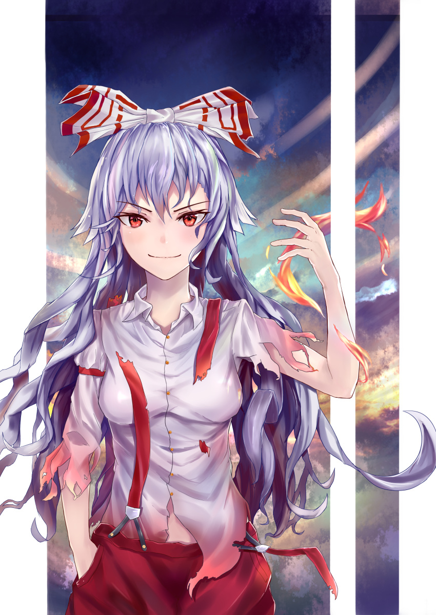 &gt;:) 1girl absurdres bangs blush border bow breasts chinese_commentary clouds commentary_request cowboy_shot eyebrows_visible_through_hair fire flame fujiwara_no_mokou hair_between_eyes hair_bow hand_in_pocket hand_up highres long_hair looking_at_viewer medium_breasts outdoors outside_border pants red_eyes red_pants short_sleeves silver_hair smile solo standing suspenders torn_clothes torn_pants torn_sleeves touhou v-shaped_eyebrows very_long_hair wangdoung white_border white_bow