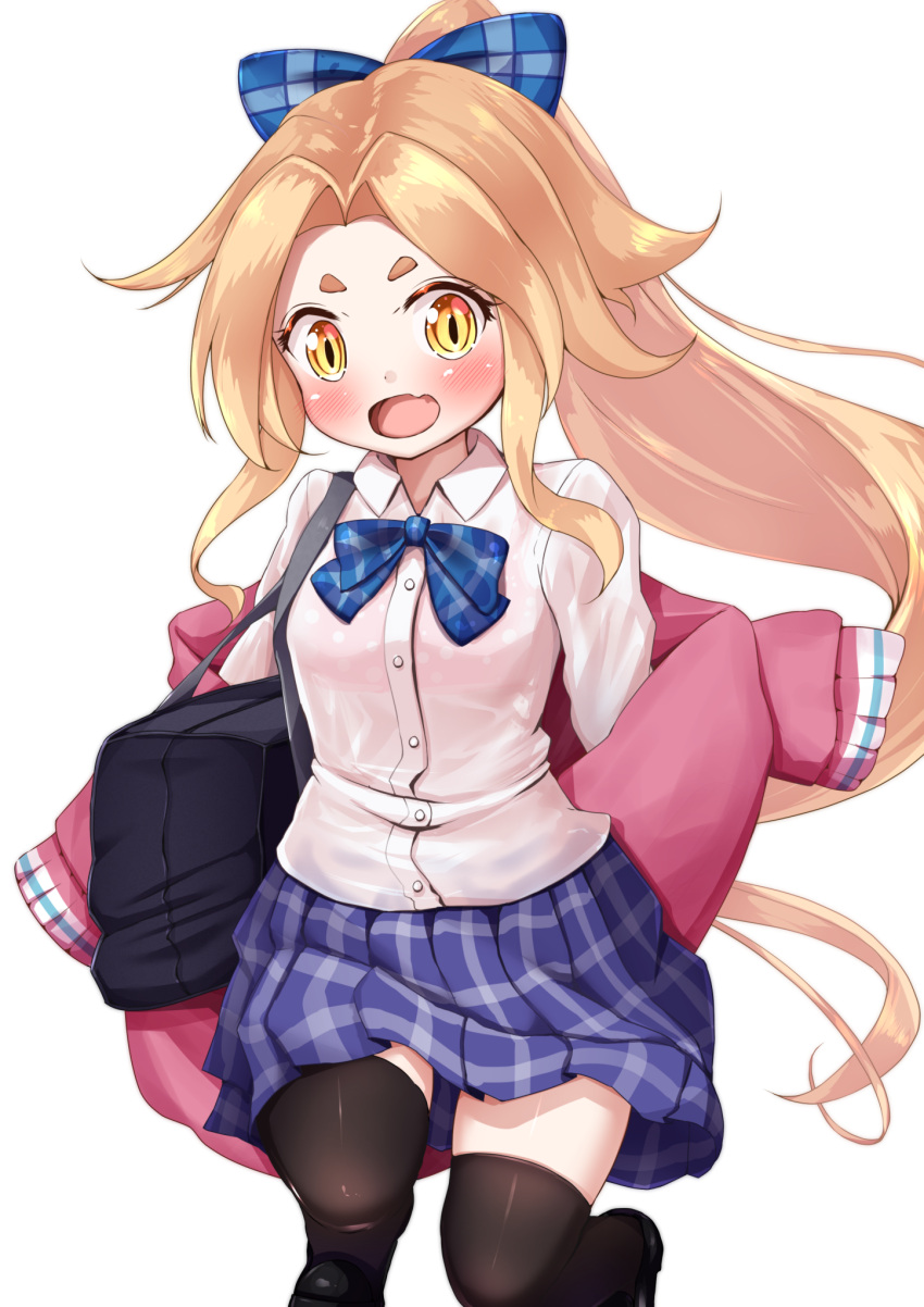 1girl :d azur_lane bag bangs black_footwear black_legwear blonde_hair blue_bow blue_skirt blush bow bra bra_through_clothes cardigan cavalla_(azur_lane) collared_shirt commentary_request dress_shirt fang forehead hair_bow high_ponytail highres loafers long_hair long_sleeves mochiyuki off_shoulder open_cardigan open_clothes open_mouth parted_bangs pink_bra pink_cardigan plaid plaid_bow pleated_skirt polka_dot polka_dot_bra ponytail school_bag see-through shirt shoes short_eyebrows simple_background skirt sleeves_past_fingers sleeves_past_wrists smile solo thick_eyebrows thigh-highs underwear very_long_hair white_background white_shirt wide_sleeves yellow_eyes