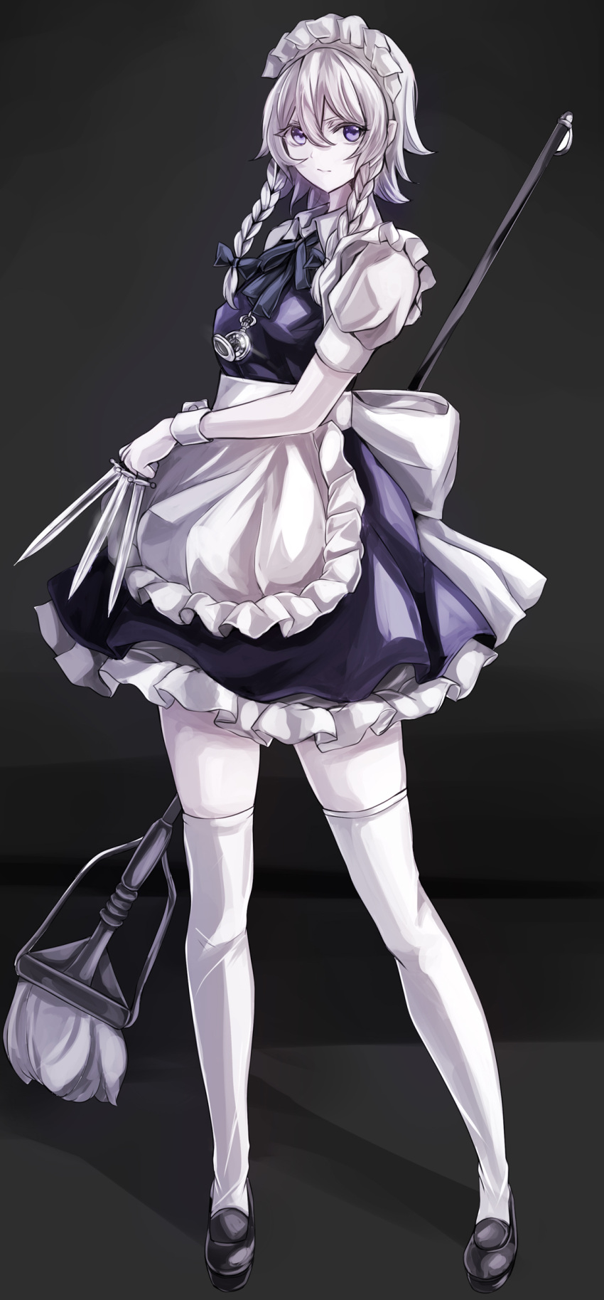 1girl absurdres apron bangs bare_legs black_footwear blue_dress blue_eyes bobby_socks bow braid breasts commentary_request dress frilled_apron frills full_body grey_background grey_bow grey_neckwear grey_ribbon hair_between_eyes hair_bow highres holding holding_knife holding_mop holding_weapon izayoi_sakuya jan_(lightdragoon) knife knives_between_fingers looking_at_viewer maid maid_apron maid_headdress mary_janes medium_breasts mop neck_ribbon partial_commentary petticoat pocket_watch puffy_short_sleeves puffy_sleeves revision ribbon shadow shirt shoes short_dress short_hair short_sleeves silver_hair socks solo standing thighs touhou twin_braids waist_apron watch weapon white_apron white_legwear white_shirt wing_collar wrist_cuffs