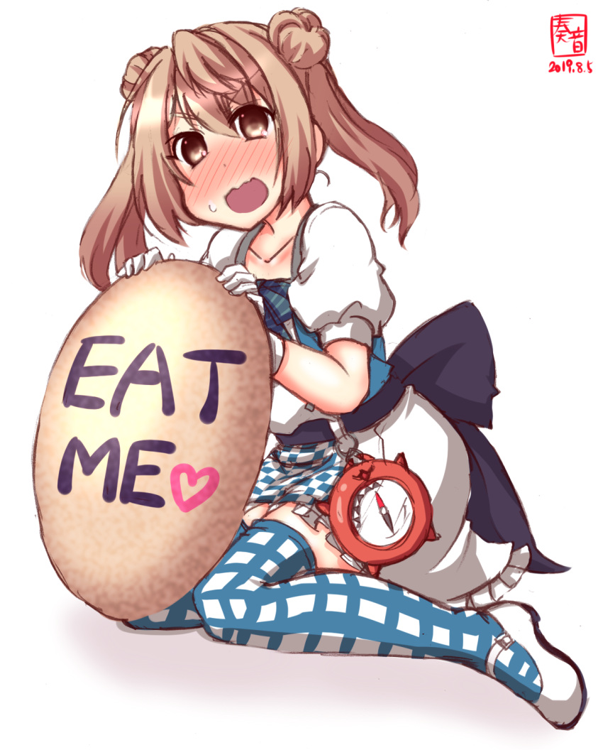 1girl alice_(wonderland) alice_(wonderland)_(cosplay) alice_in_wonderland alternate_costume artist_logo blush checkered_apron commentary_request compass cookie cosplay dated double_bun dress enemy_lifebuoy_(kantai_collection) eyebrows_visible_through_hair food full_body hair_bun highres kanon_(kurogane_knights) kantai_collection light_brown_hair michishio_(kantai_collection) open_mouth oversized_object plaid plaid_legwear revision short_twintails simple_background solo thigh-highs twintails two-tone_dress wavy_mouth white_background yellow_eyes