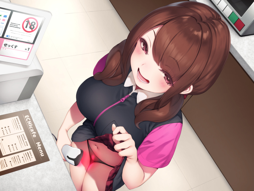 1girl barcode_scanner black_panties black_shirt black_skirt blush breast_pocket breasts brown_hair cashier employee_uniform holding large_breasts lifted_by_self lips looking_at_viewer navel open_mouth original panties pocket pokachu red_eyes scanner shirt short_sleeves skirt skirt_lift smile solo standing tile_floor tiles underwear uniform zipper zipper_pull_tab